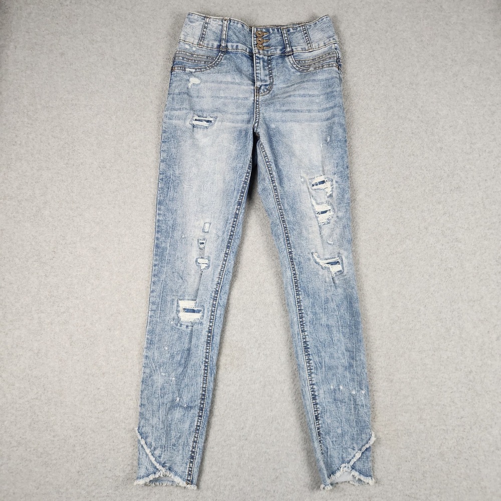No Boundaries High Rise Sculpting Skinny Jeans Womens 7 Blue Distressed Raw Hem